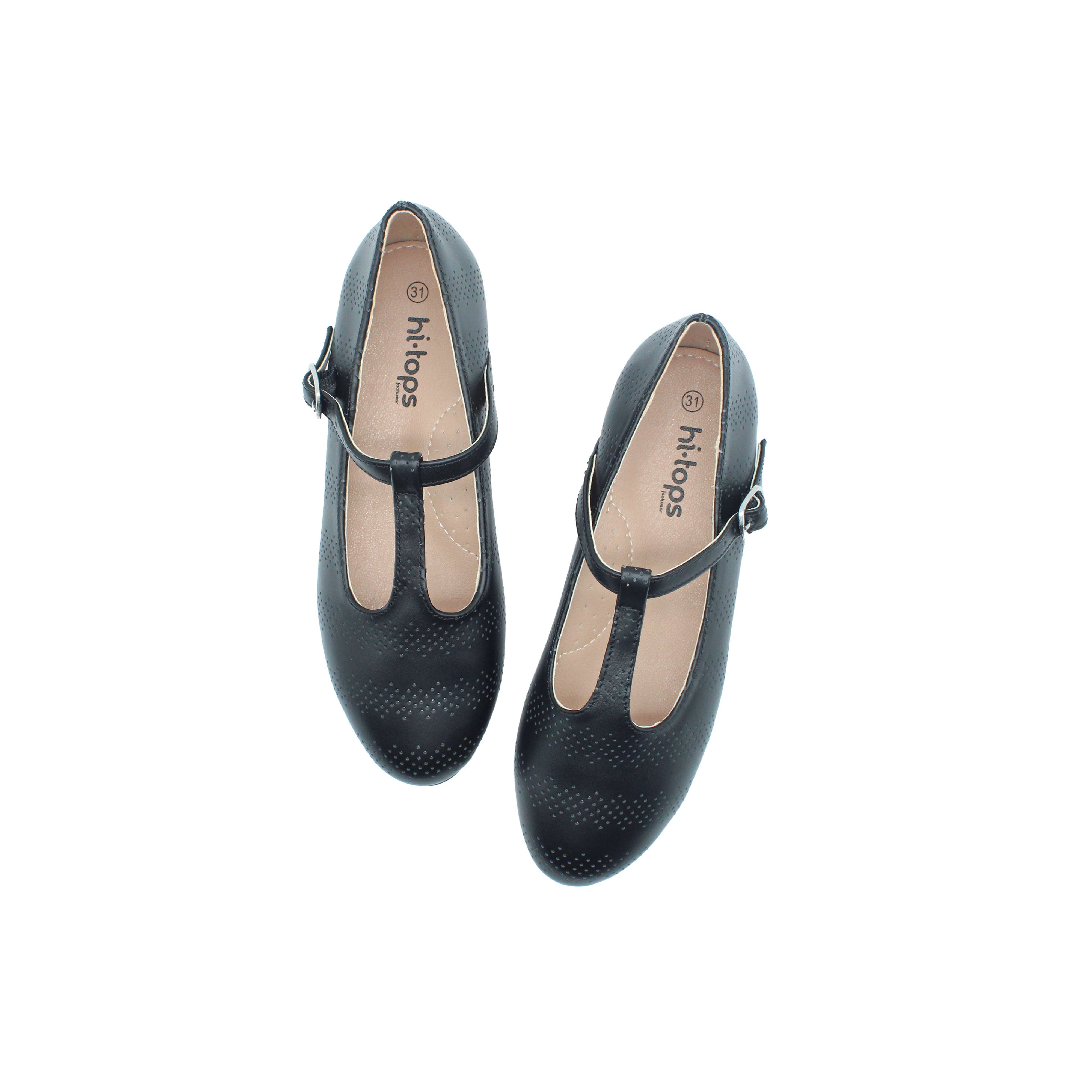 Speckled T-Straps, Black Leather