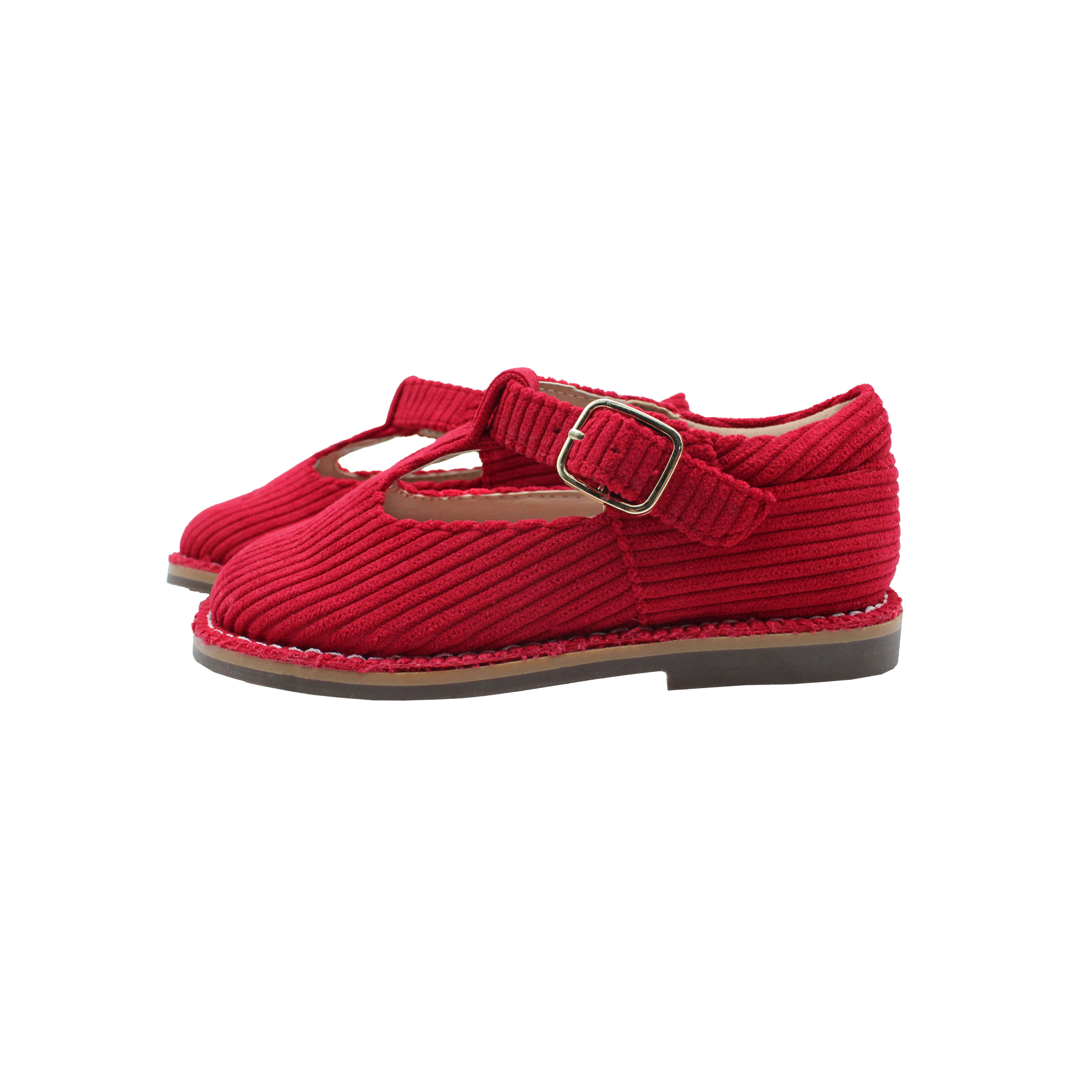 T-Strap, Red Corduroy Fabric
