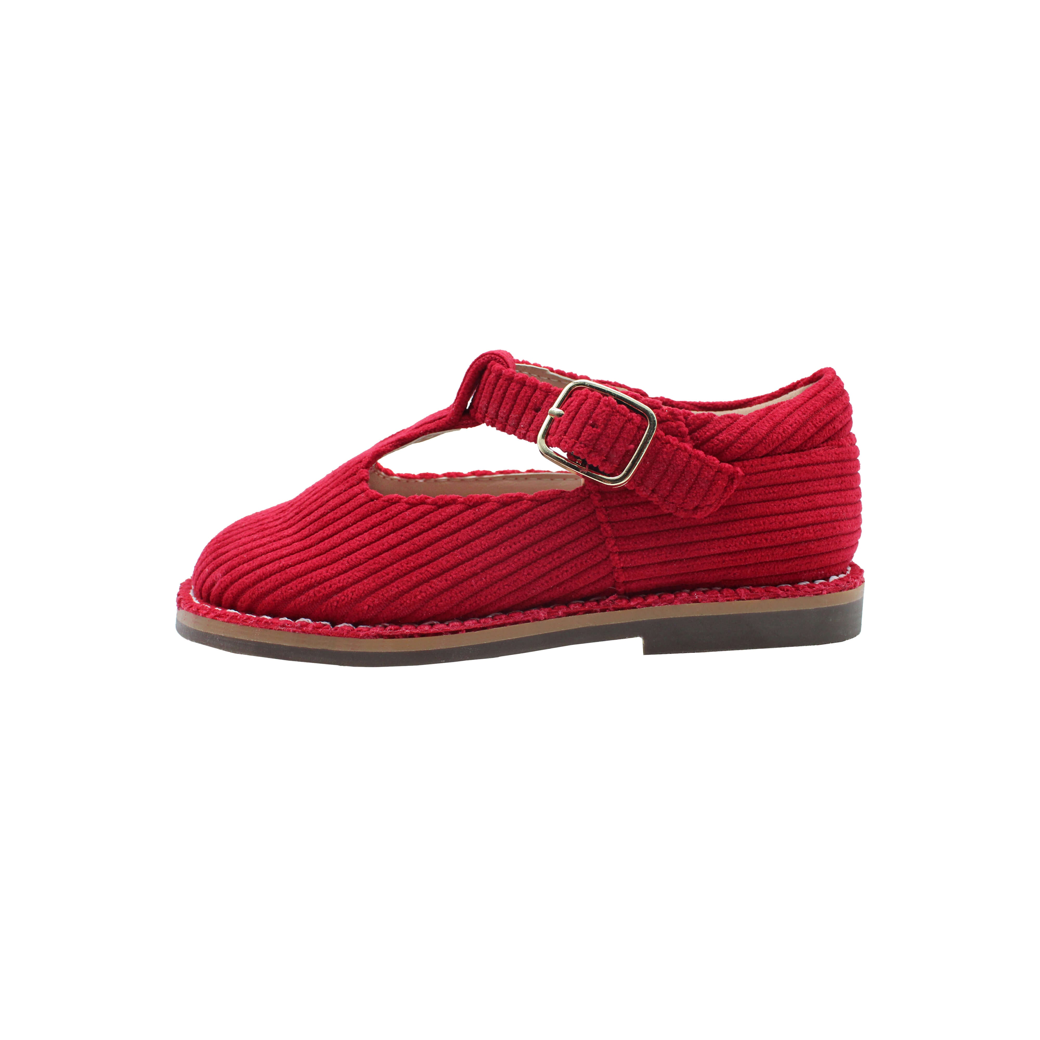 T-Strap, Red Corduroy Fabric