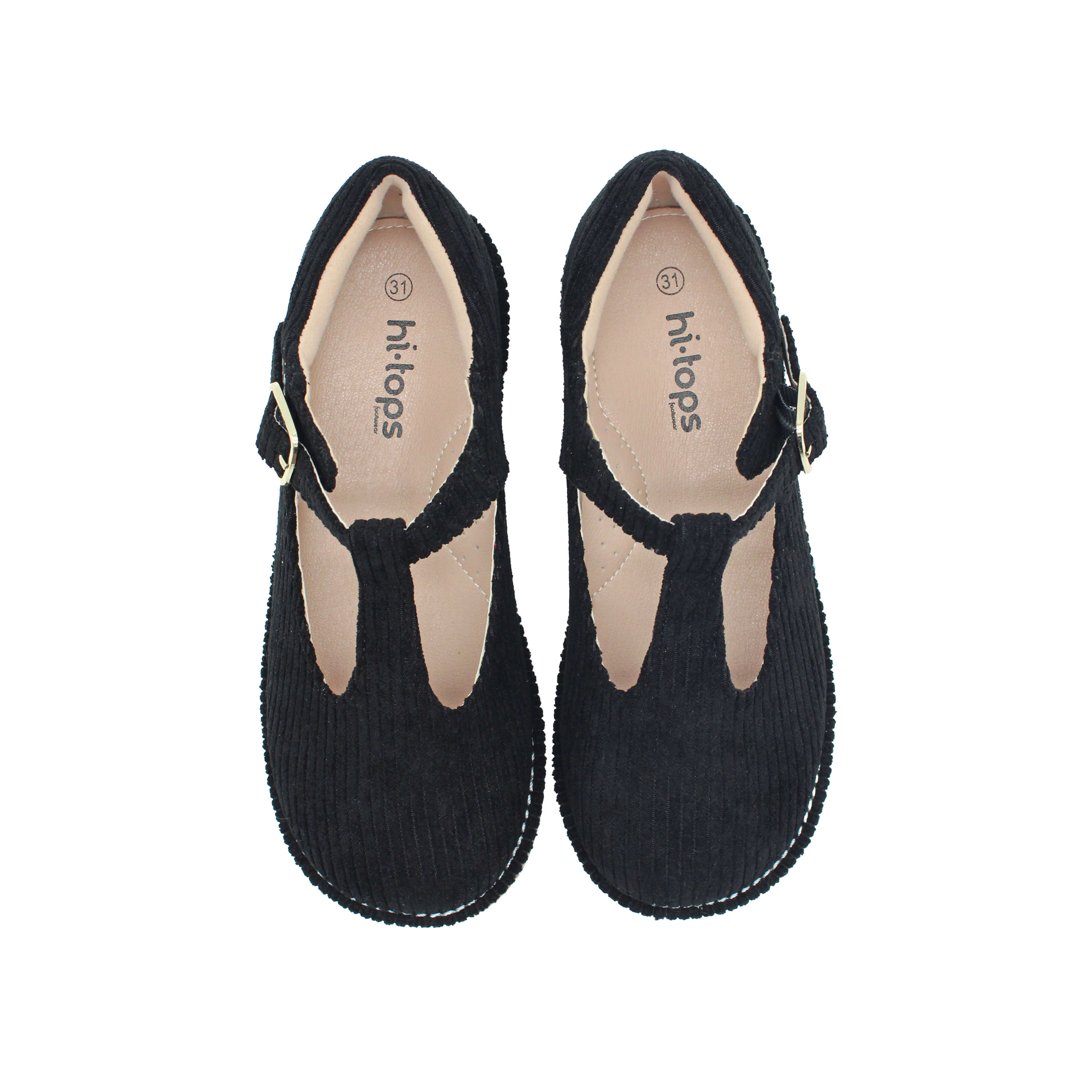T-Strap, Black Corduroy Fabric