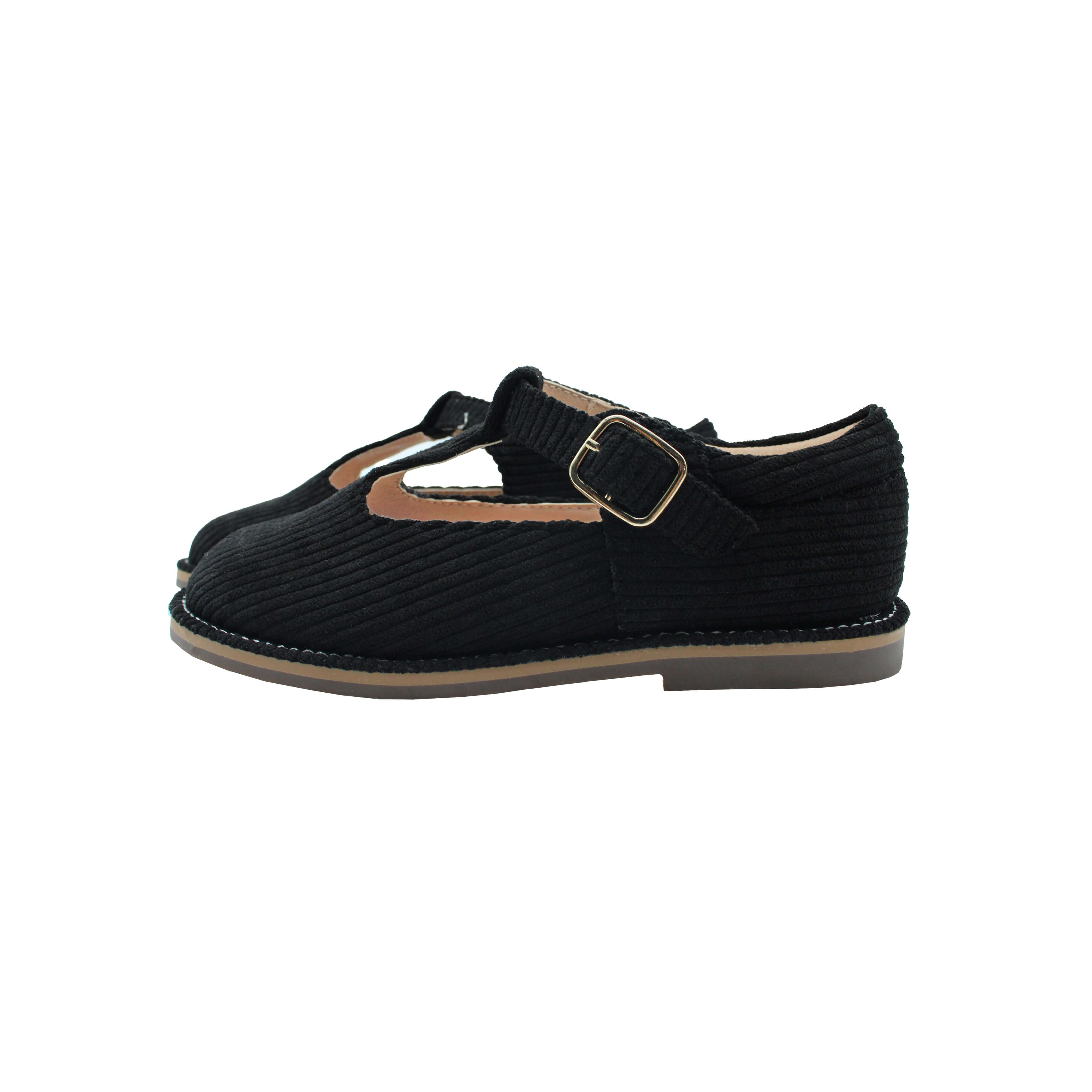 T-Strap, Black Corduroy Fabric