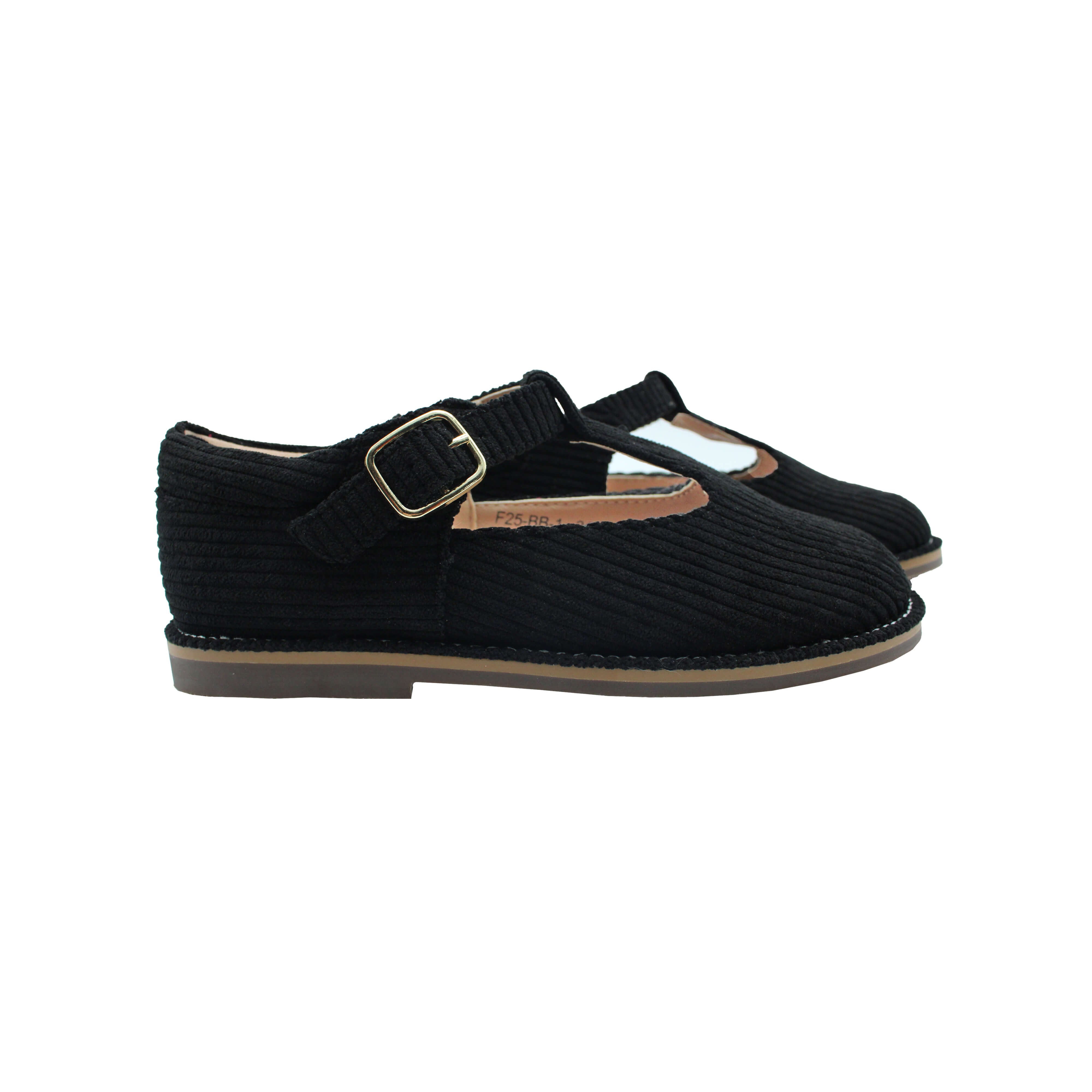 T-Strap, Black Corduroy Fabric