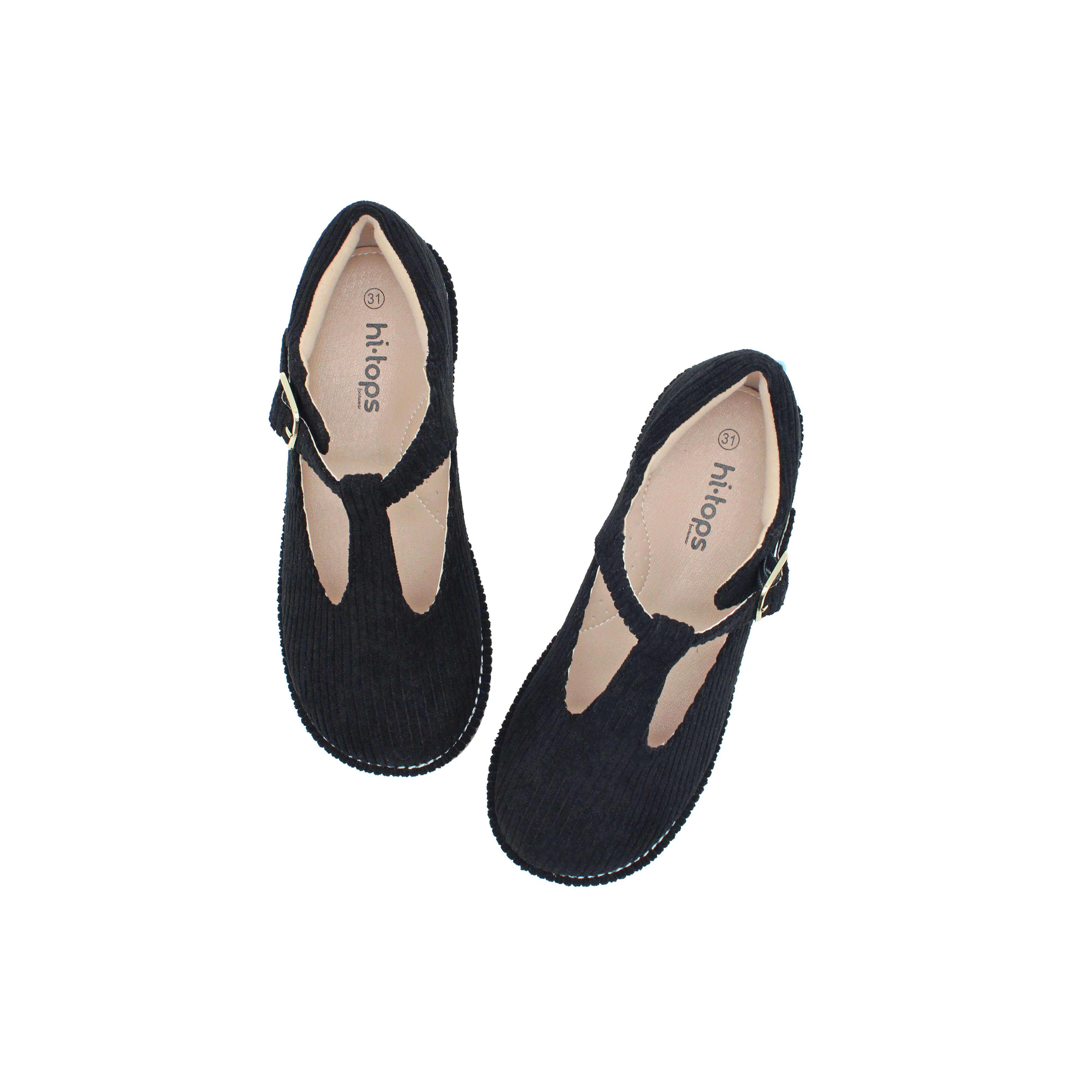 T-Strap, Black Corduroy Fabric