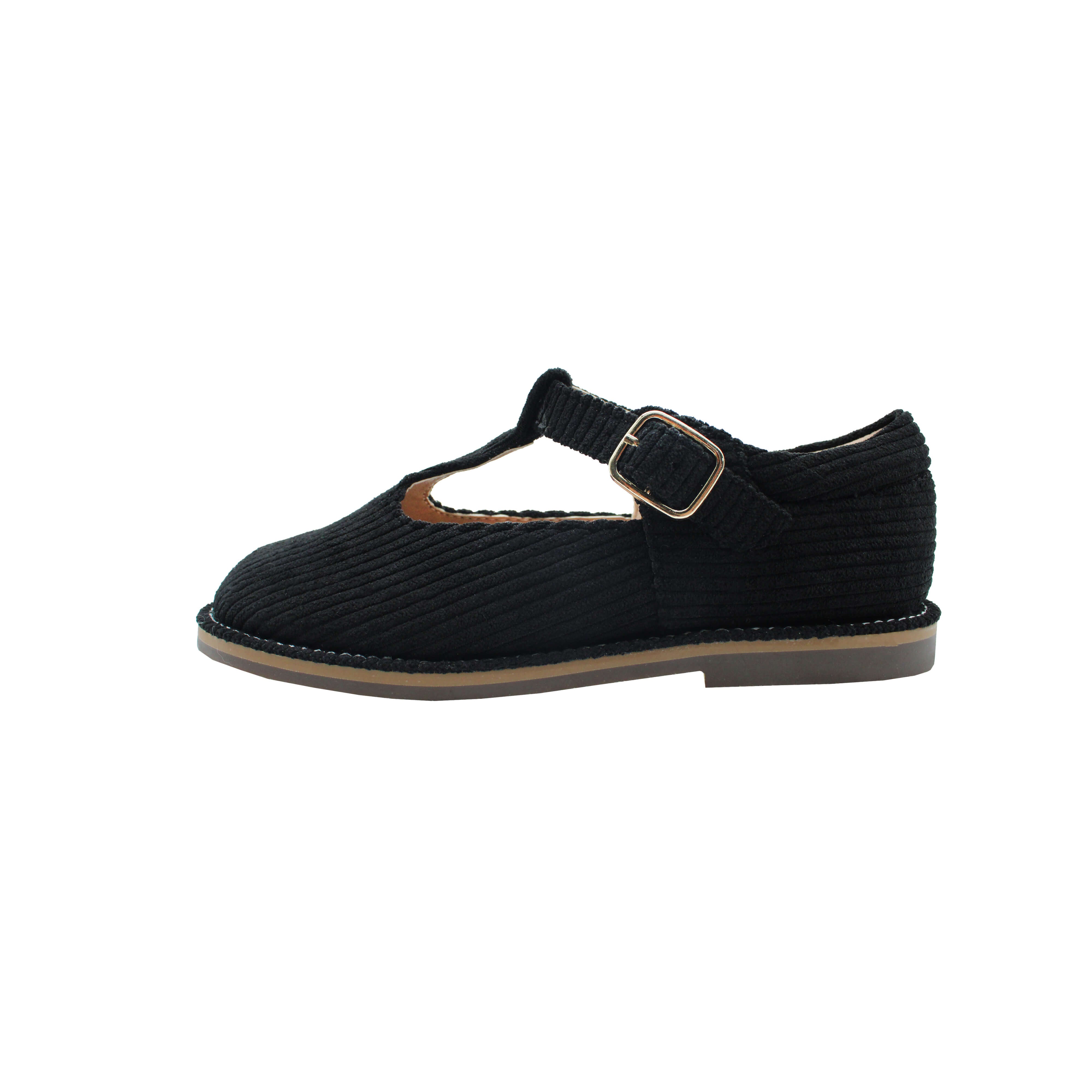 T-Strap, Black Corduroy Fabric