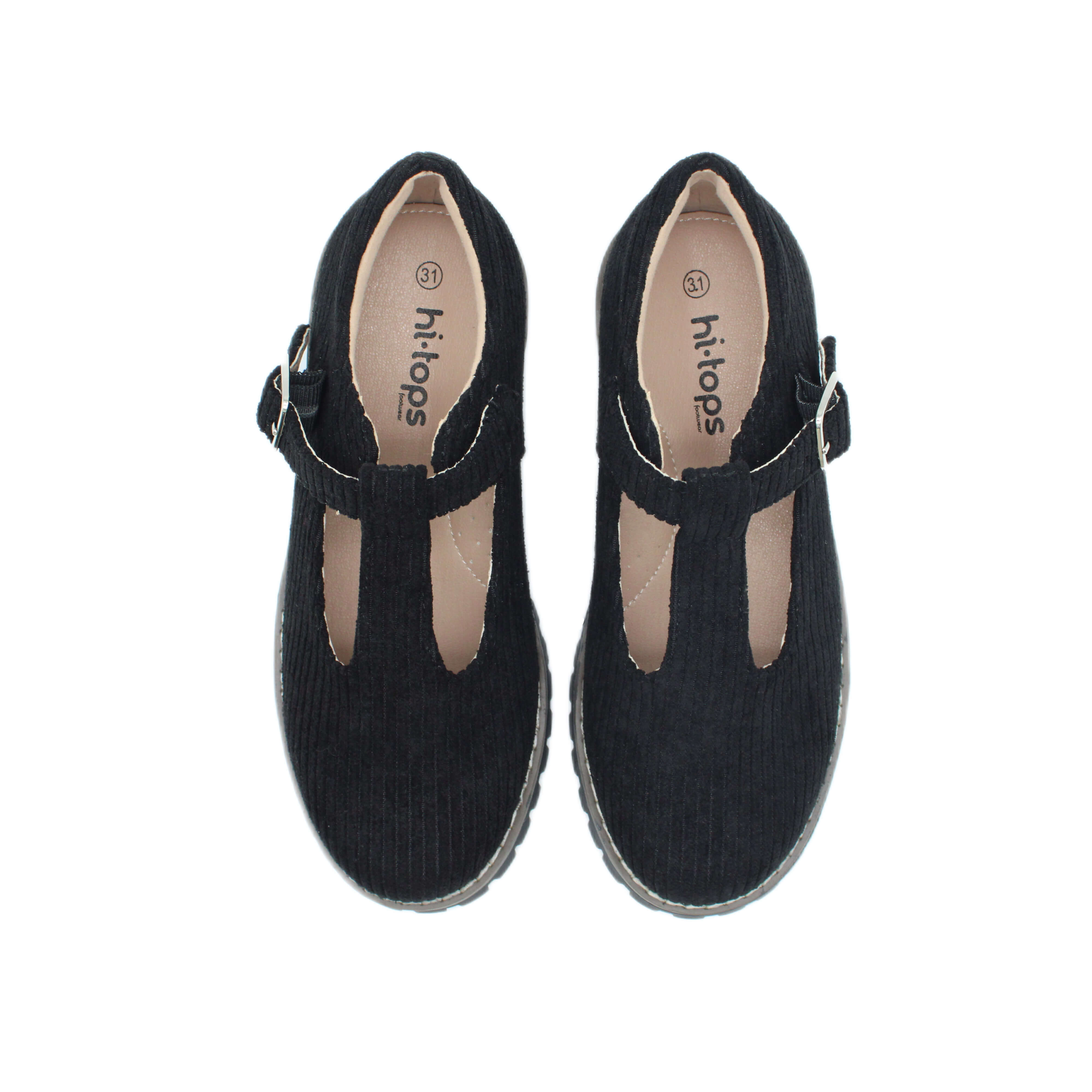 T-Strap, Black Corduroy Fabric