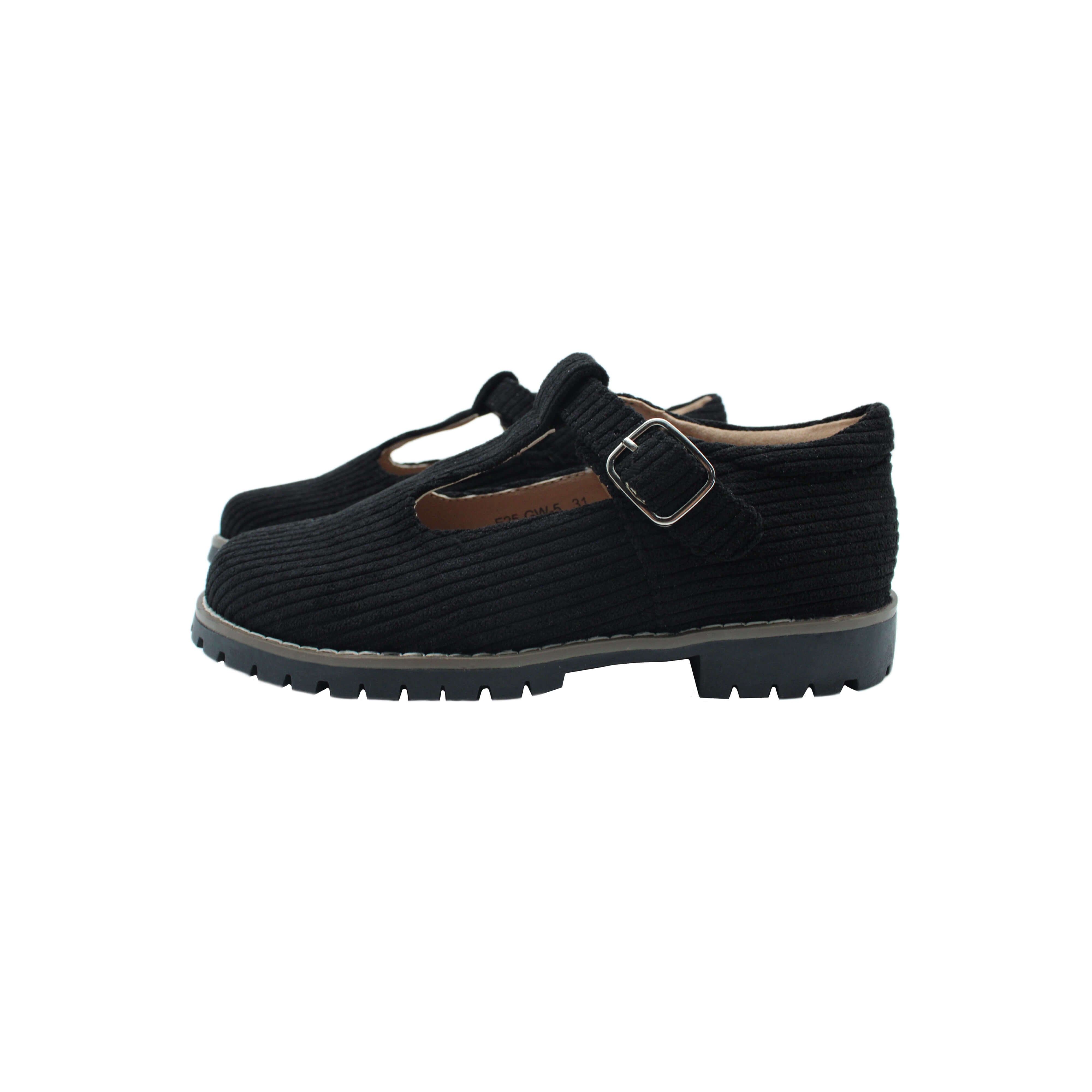 T-Strap, Black Corduroy Fabric