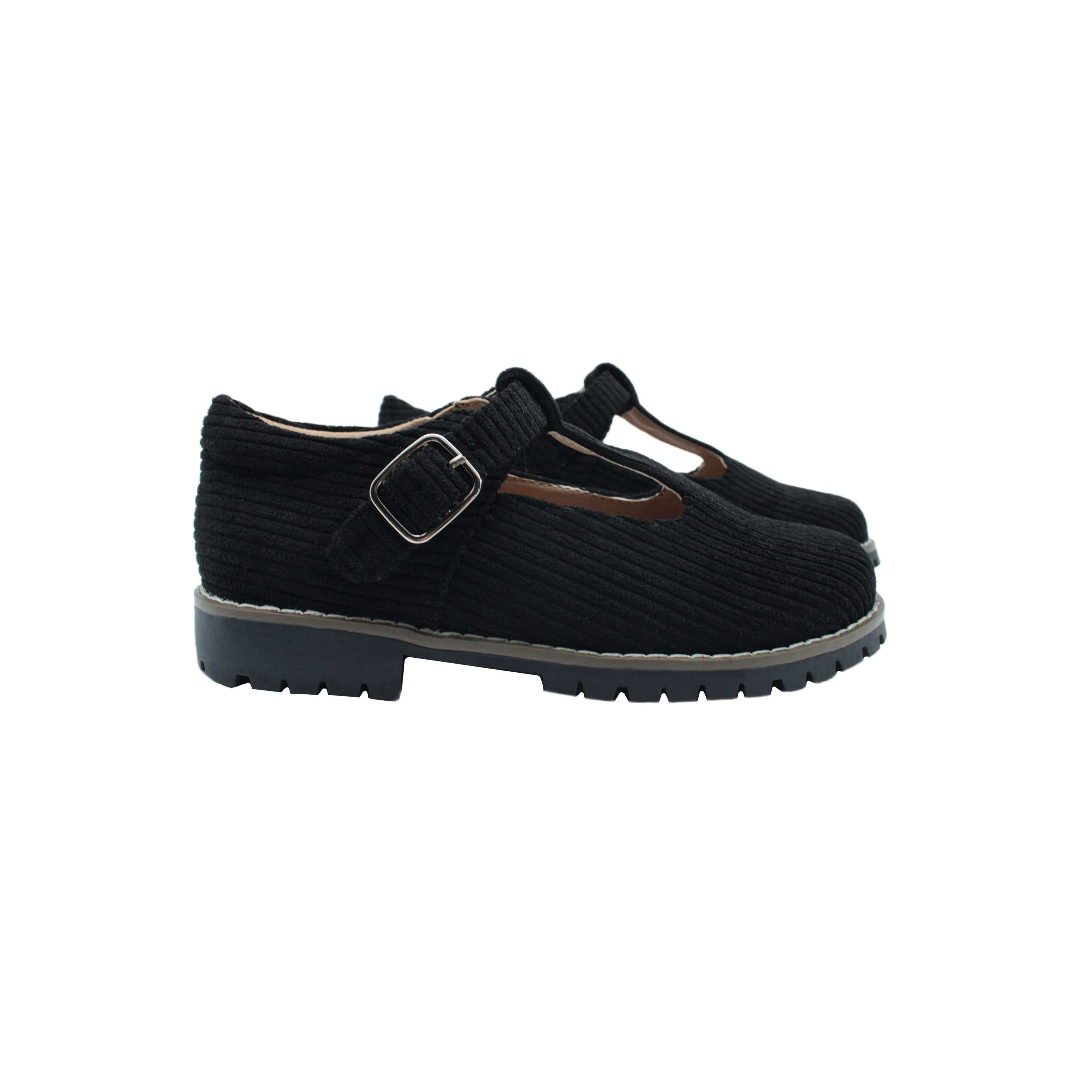 T-Strap, Black Corduroy Fabric
