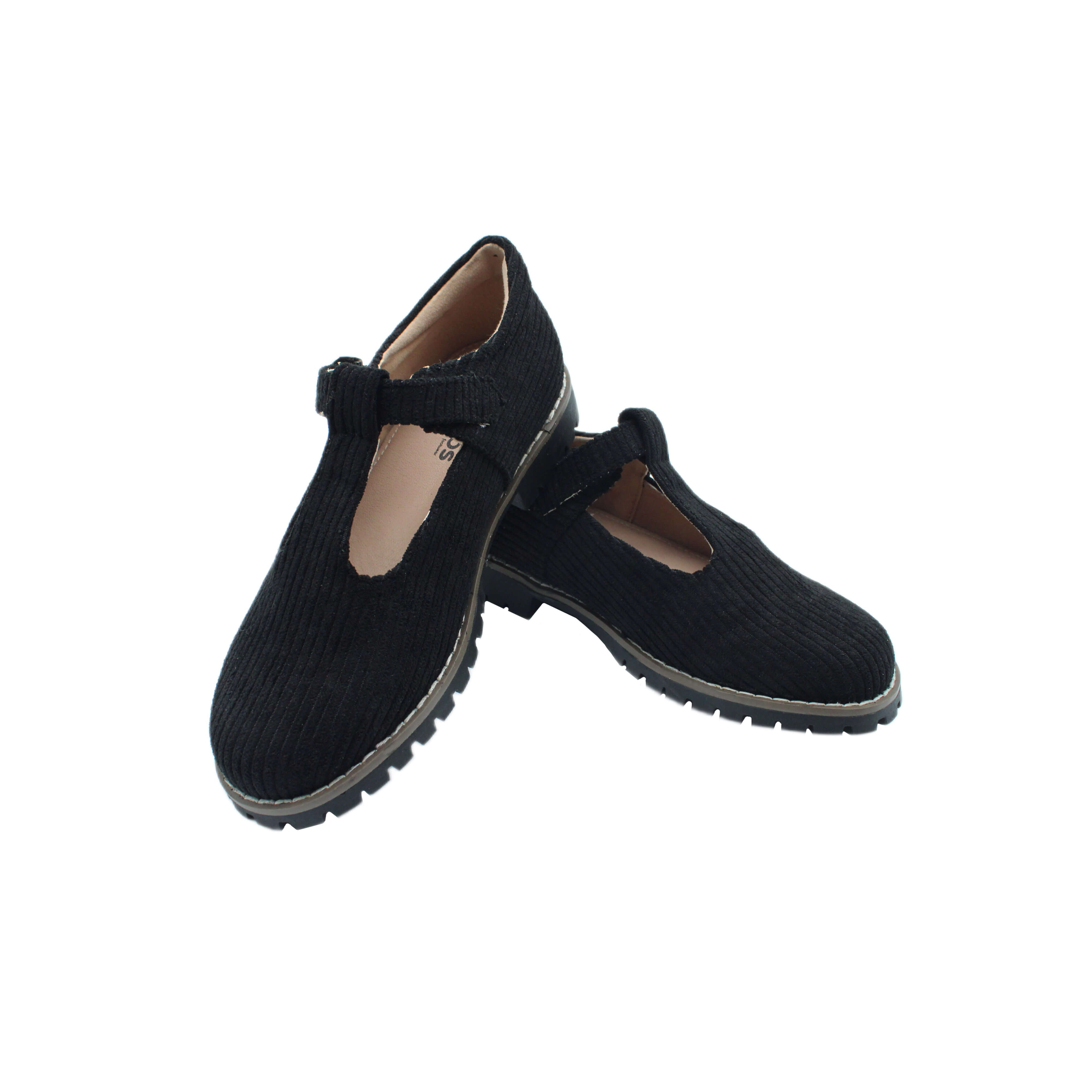 T-Strap, Black Corduroy Fabric