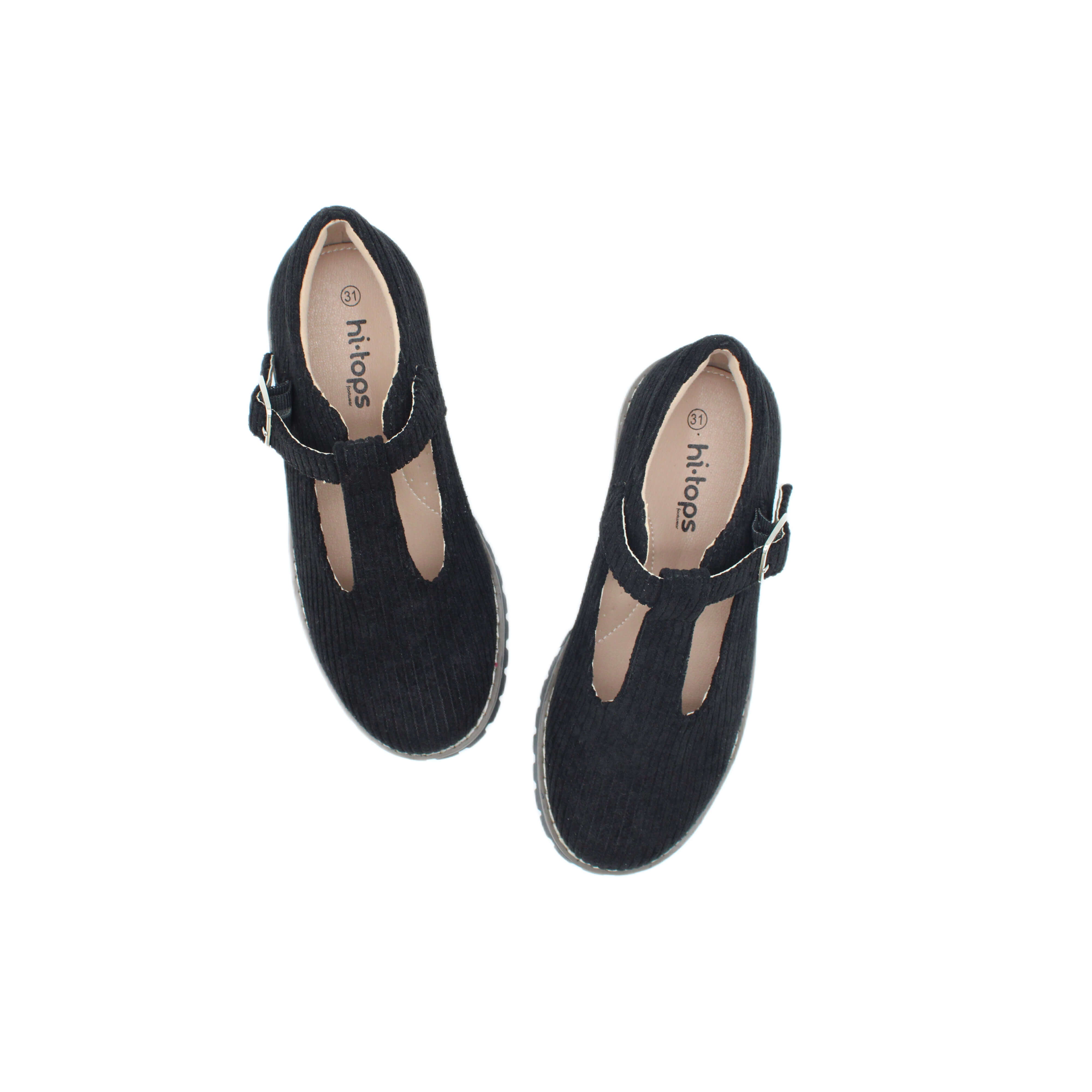 T-Strap, Black Corduroy Fabric