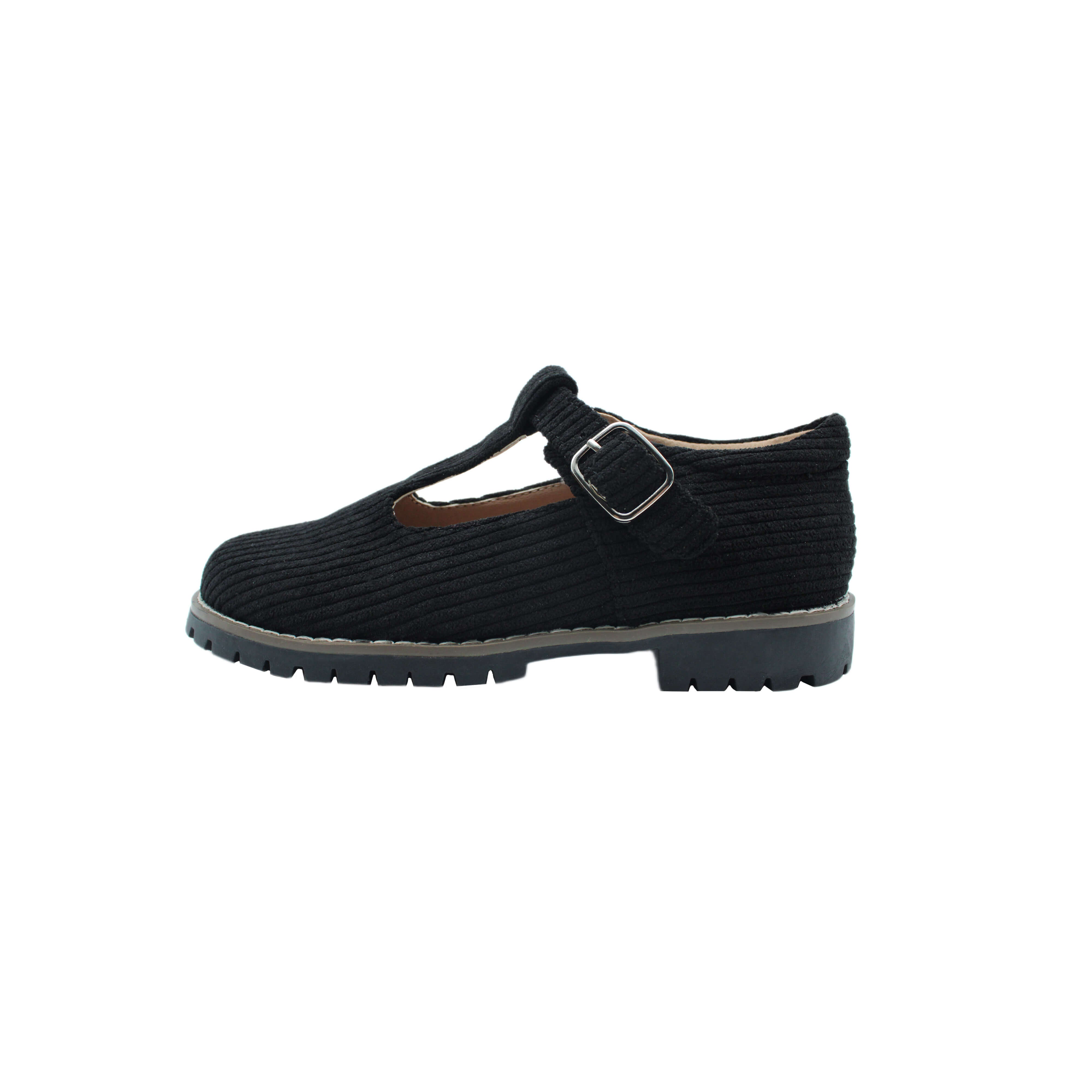 T-Strap, Black Corduroy Fabric