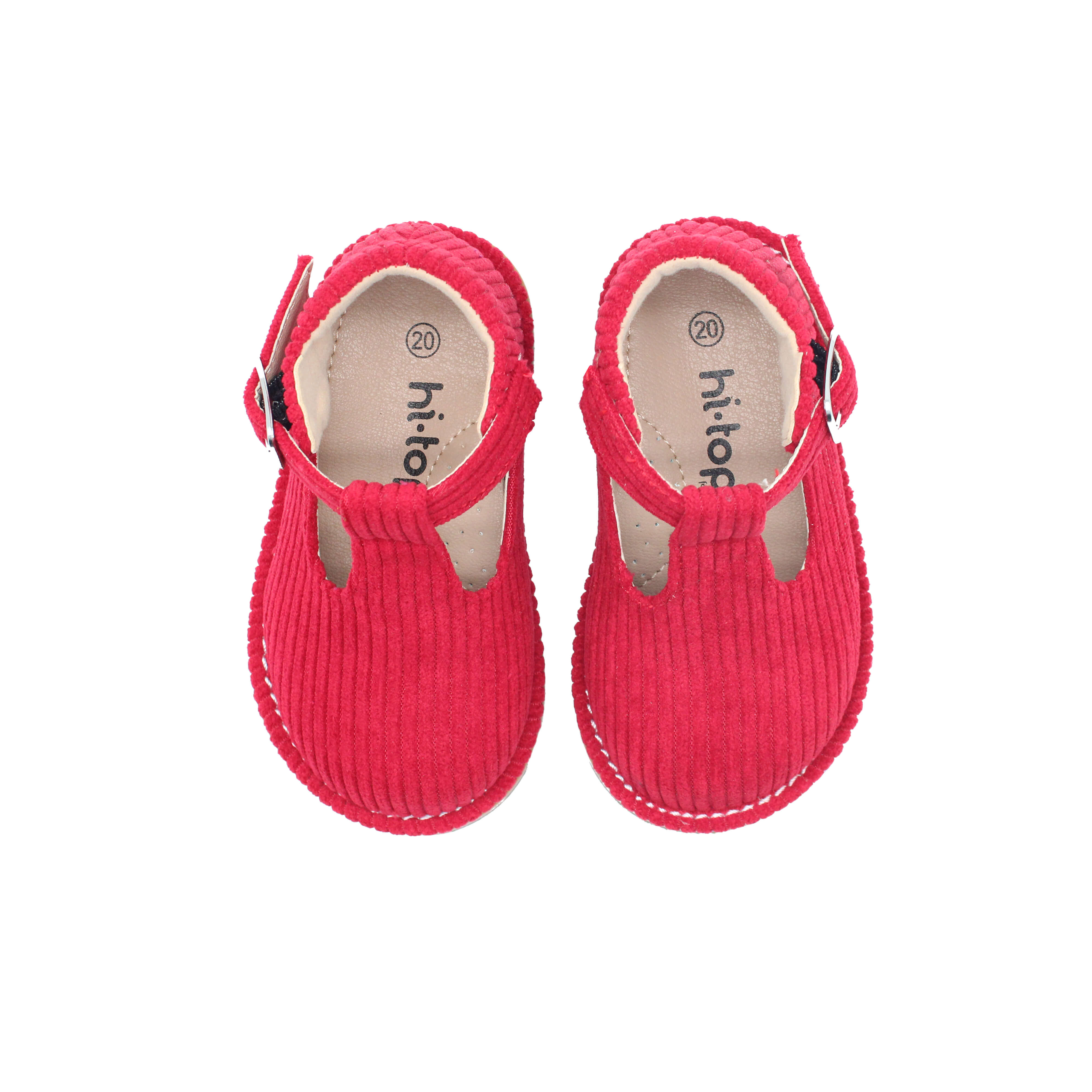 High T-Strap, Red Corduroy Fabric