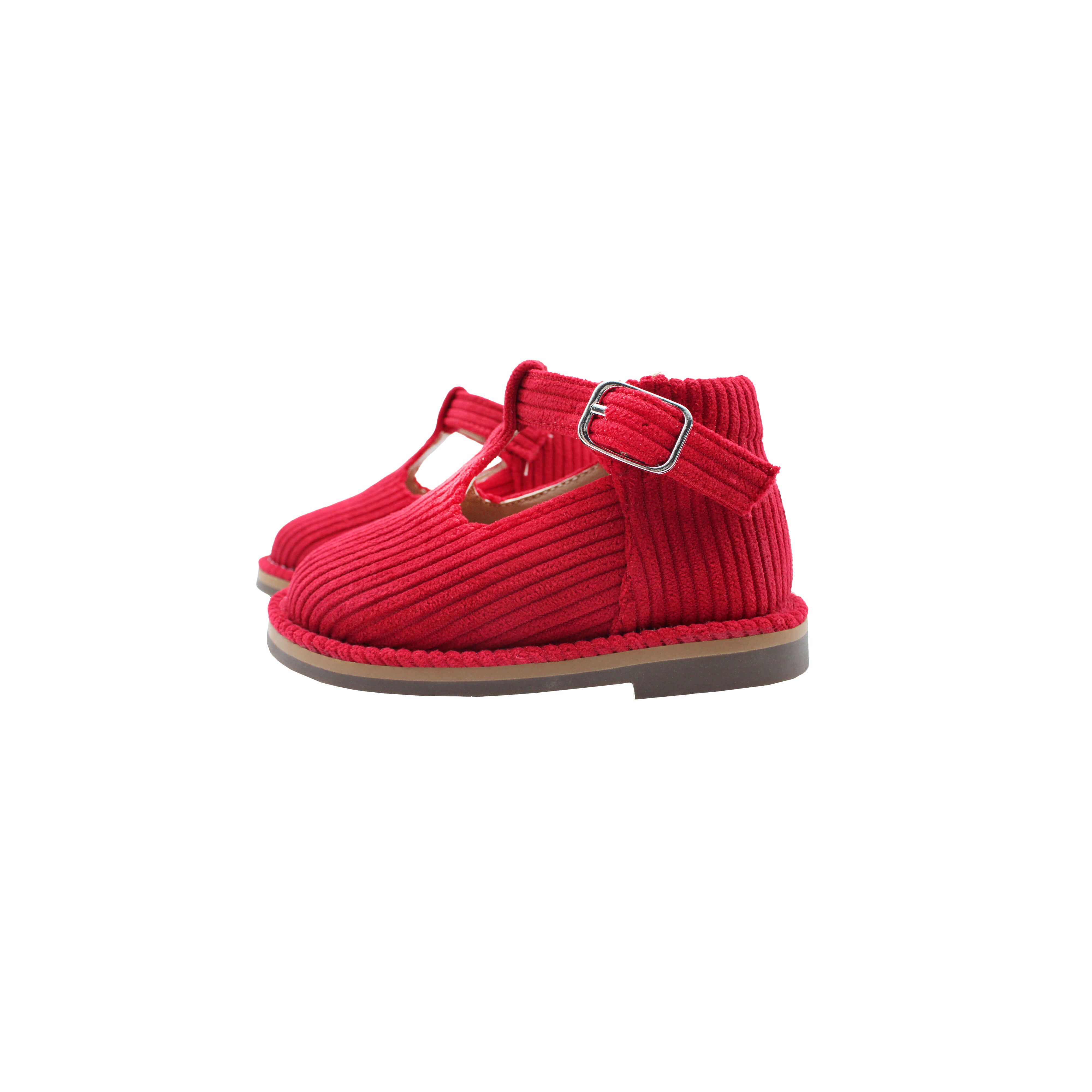 High T-Strap, Red Corduroy Fabric