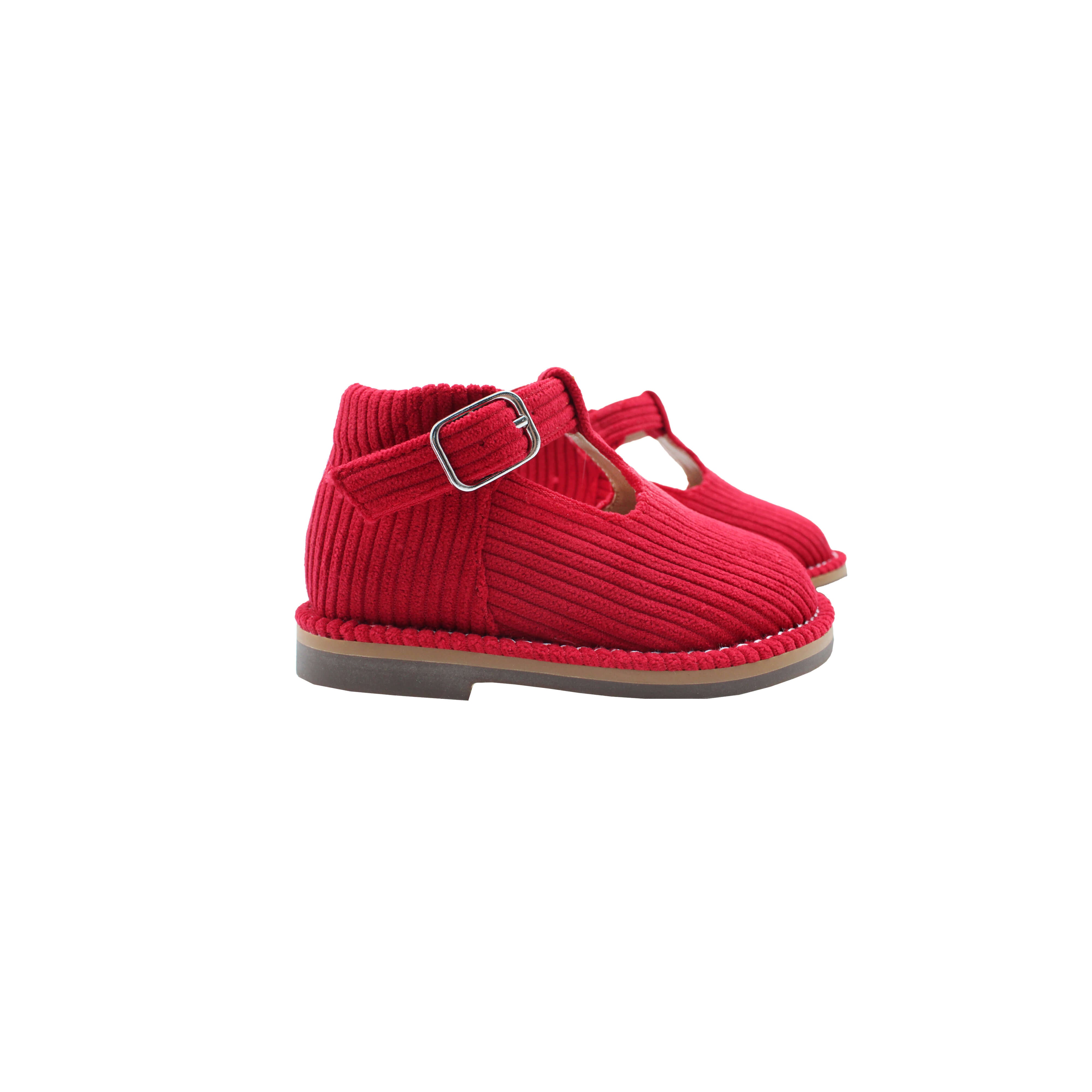 High T-Strap, Red Corduroy Fabric