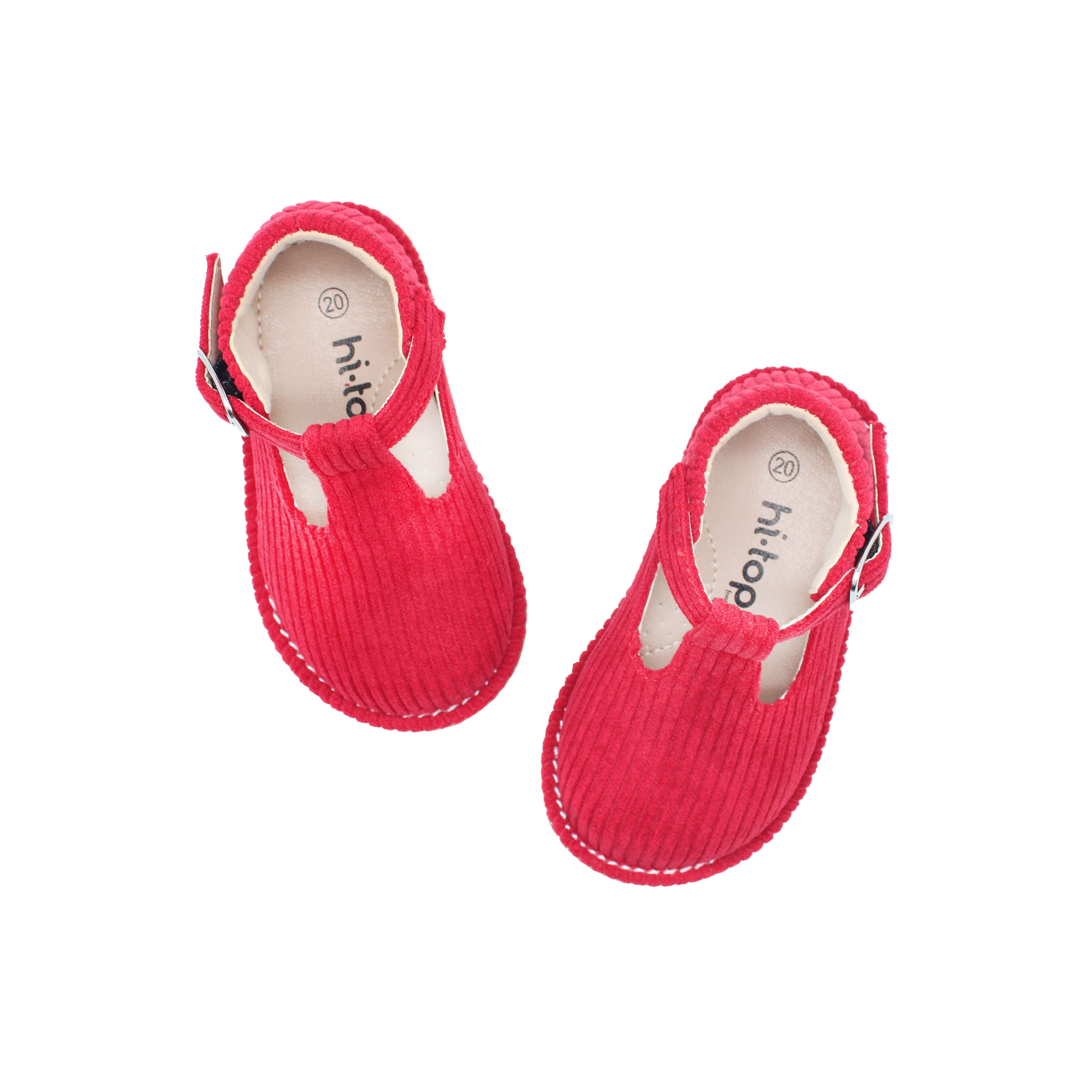 High T-Strap, Red Corduroy Fabric
