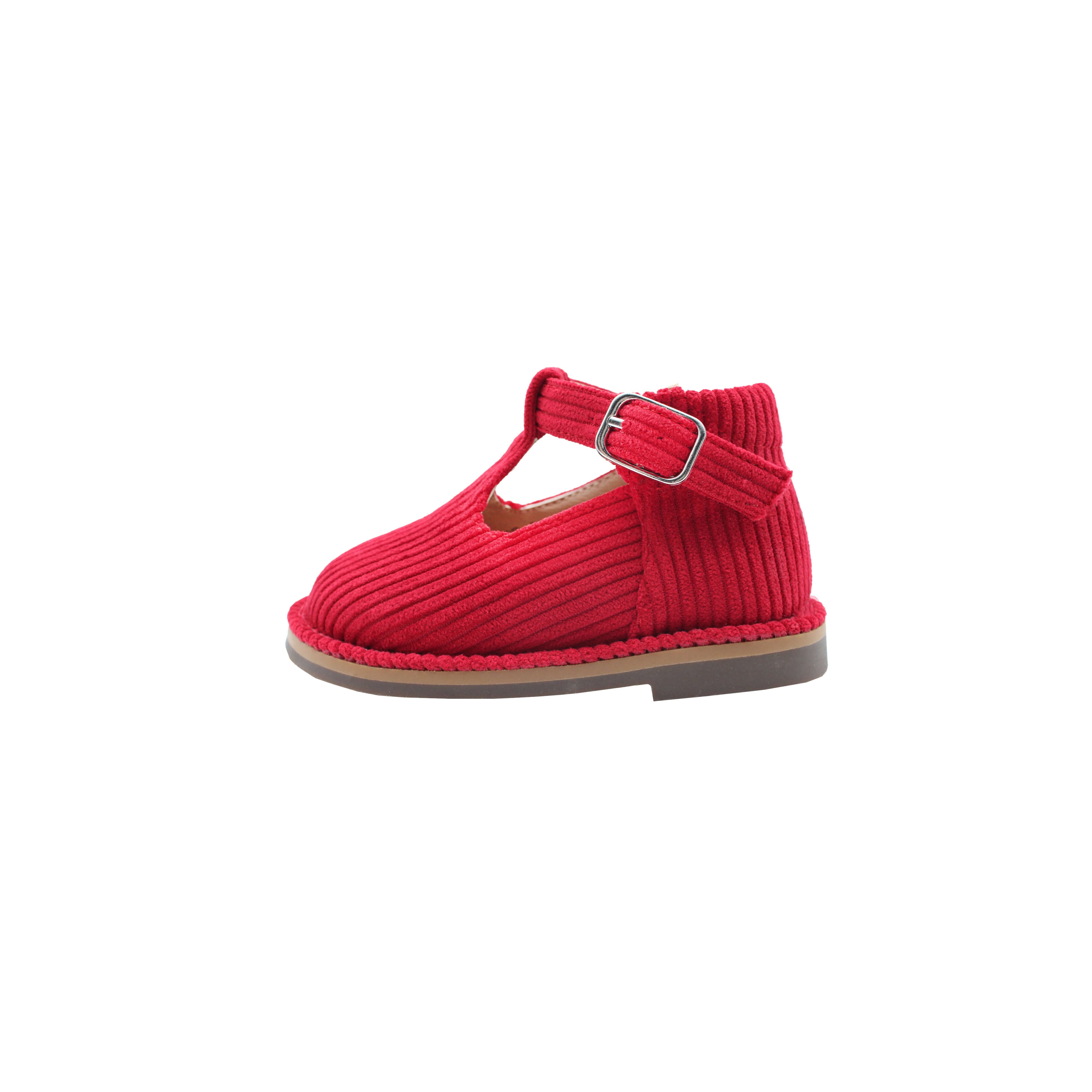 High T-Strap, Red Corduroy Fabric