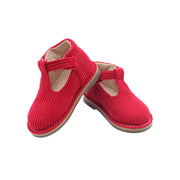High T-Strap, Red Corduroy Fabric