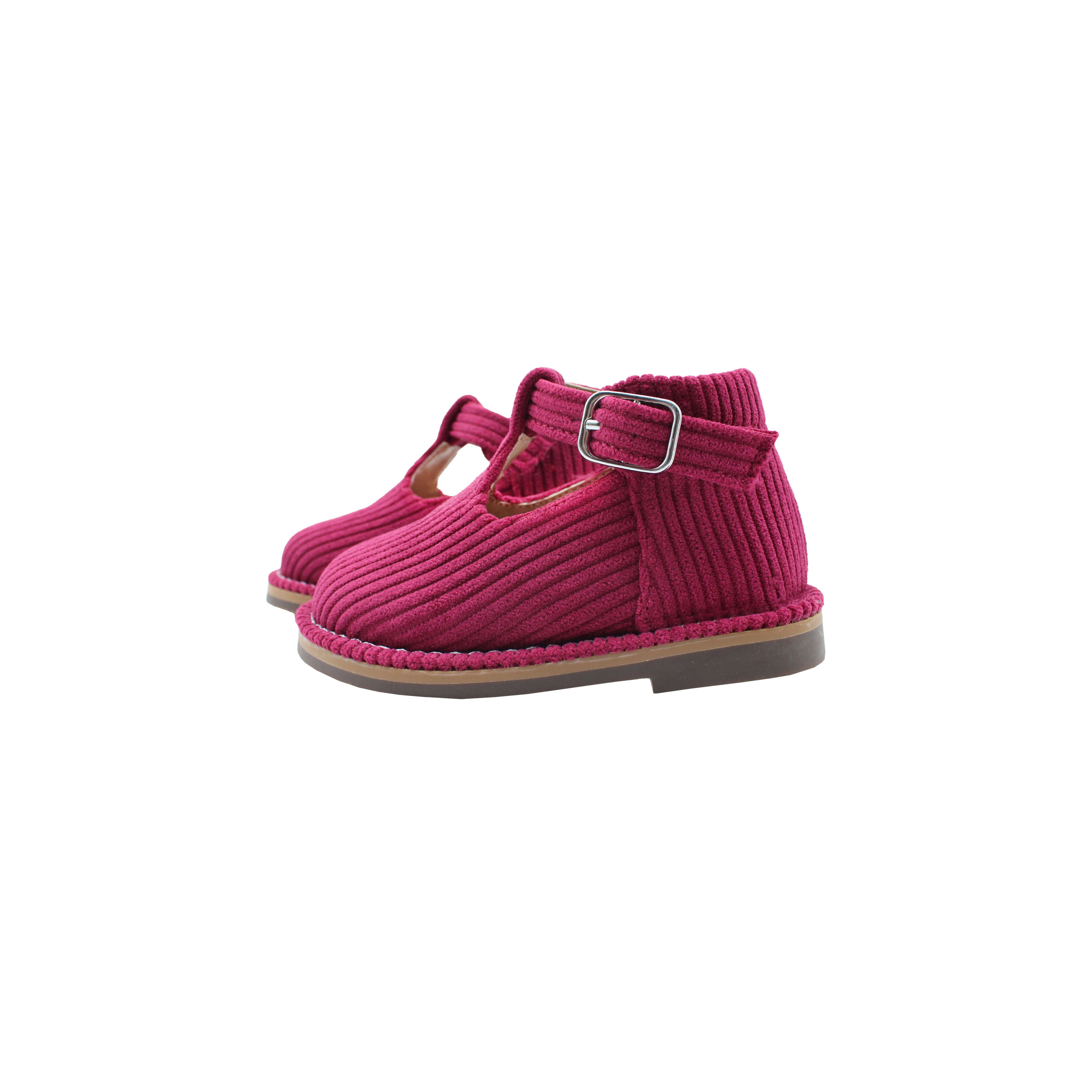 High T-Strap, Plum Corduroy Fabric