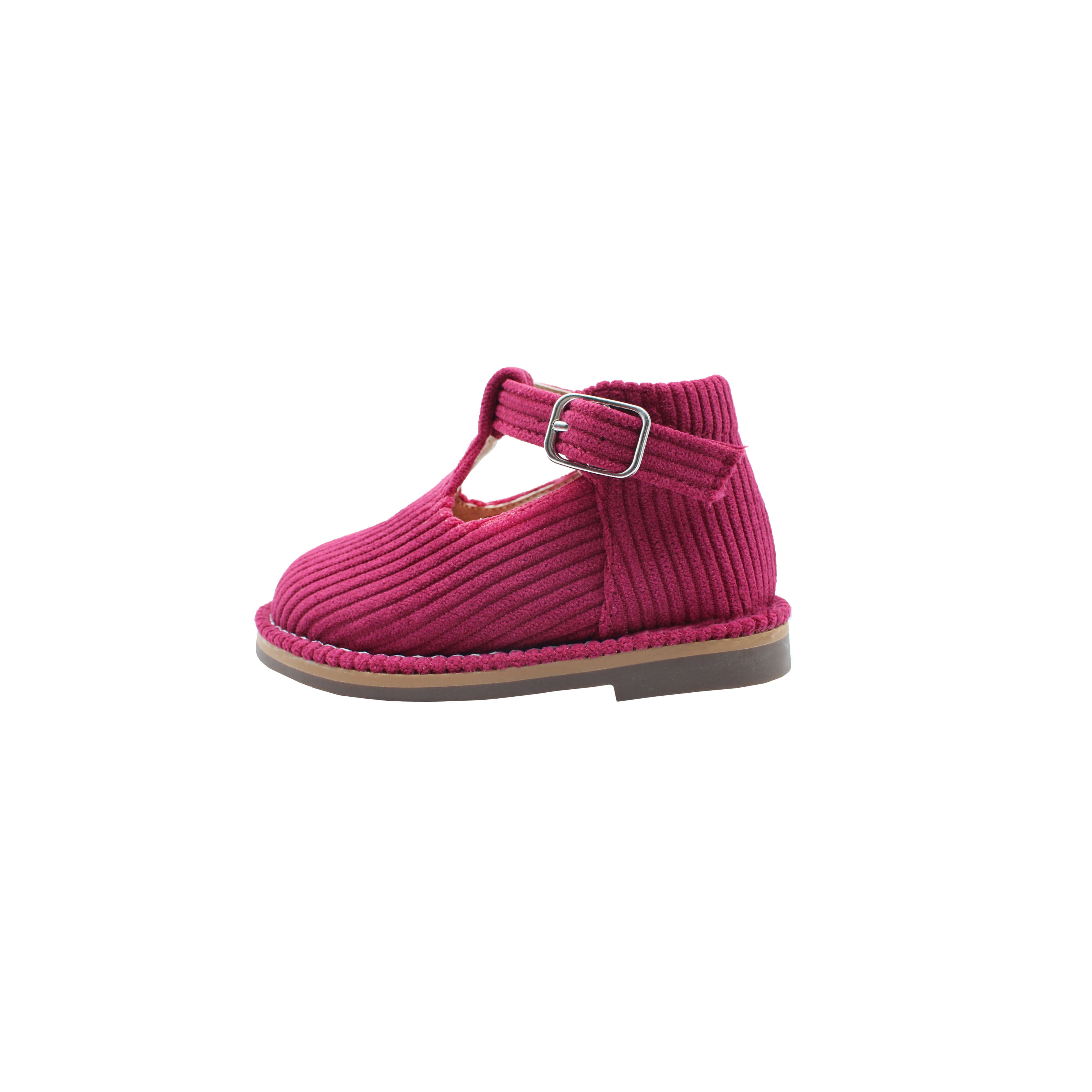 High T-Strap, Plum Corduroy Fabric
