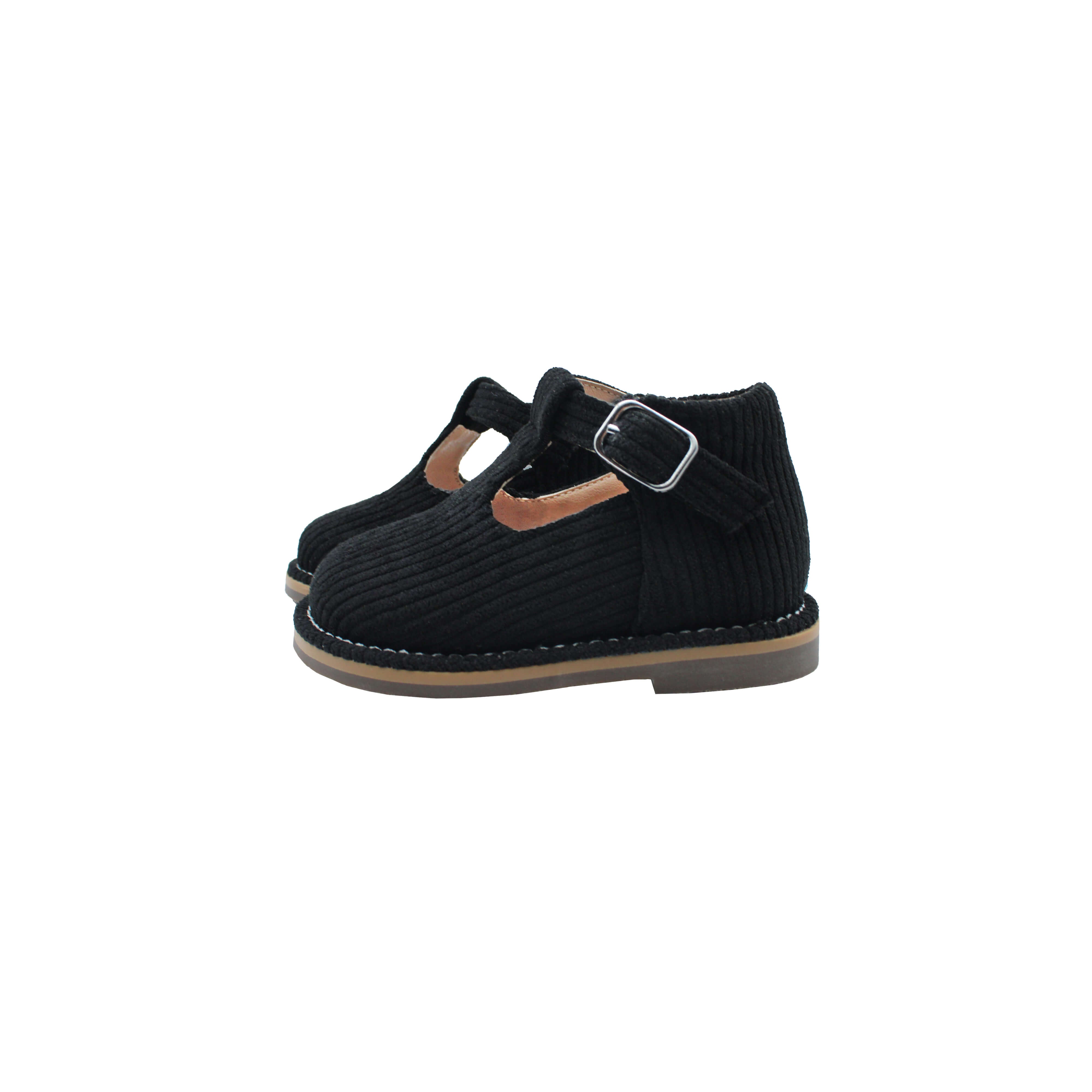 High T-Strap, Black Corduroy Fabric