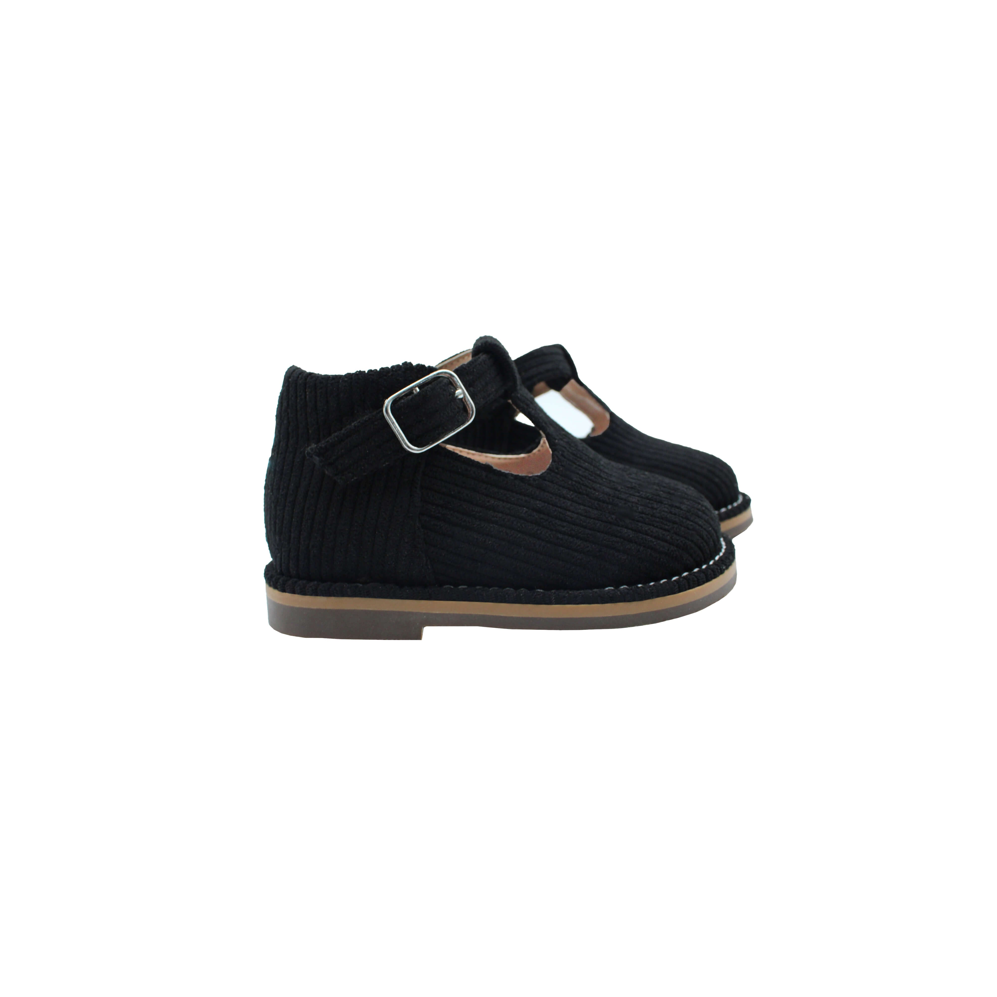 High T-Strap, Black Corduroy Fabric