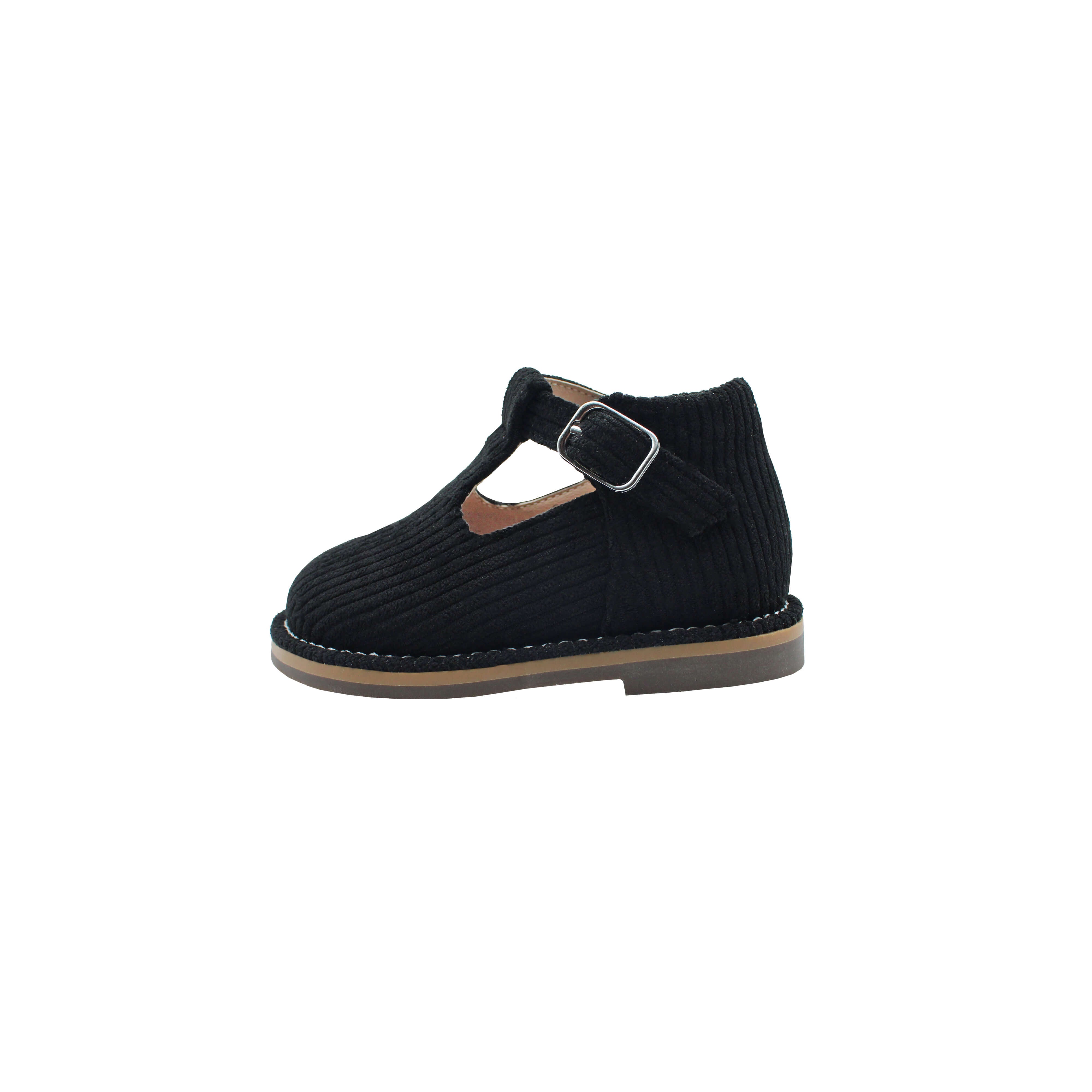 High T-Strap, Black Corduroy Fabric