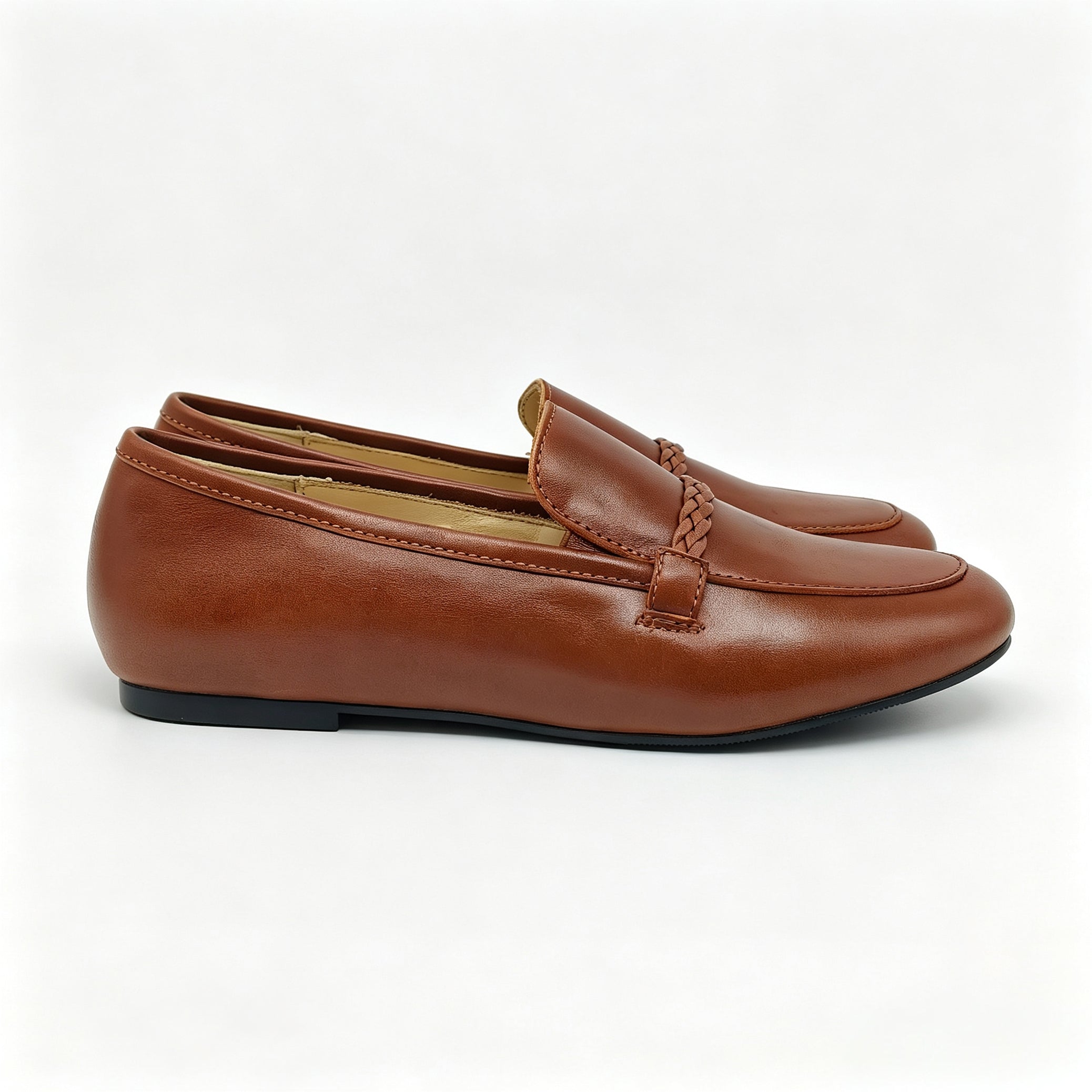 Brown Leather Braided Strap Loafer -SBG25