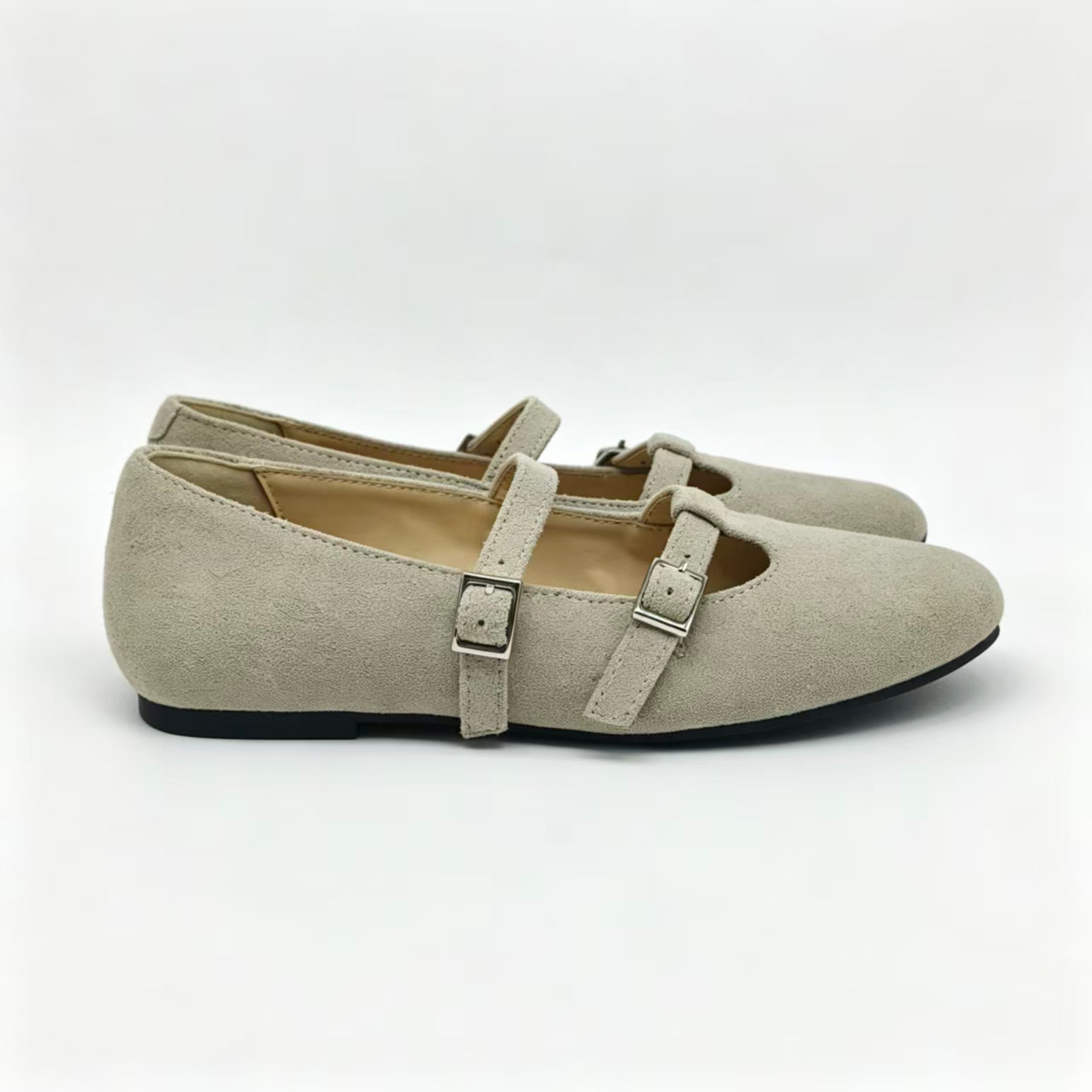 Off White Suede T-Strap, Mary Jane,-SG41
