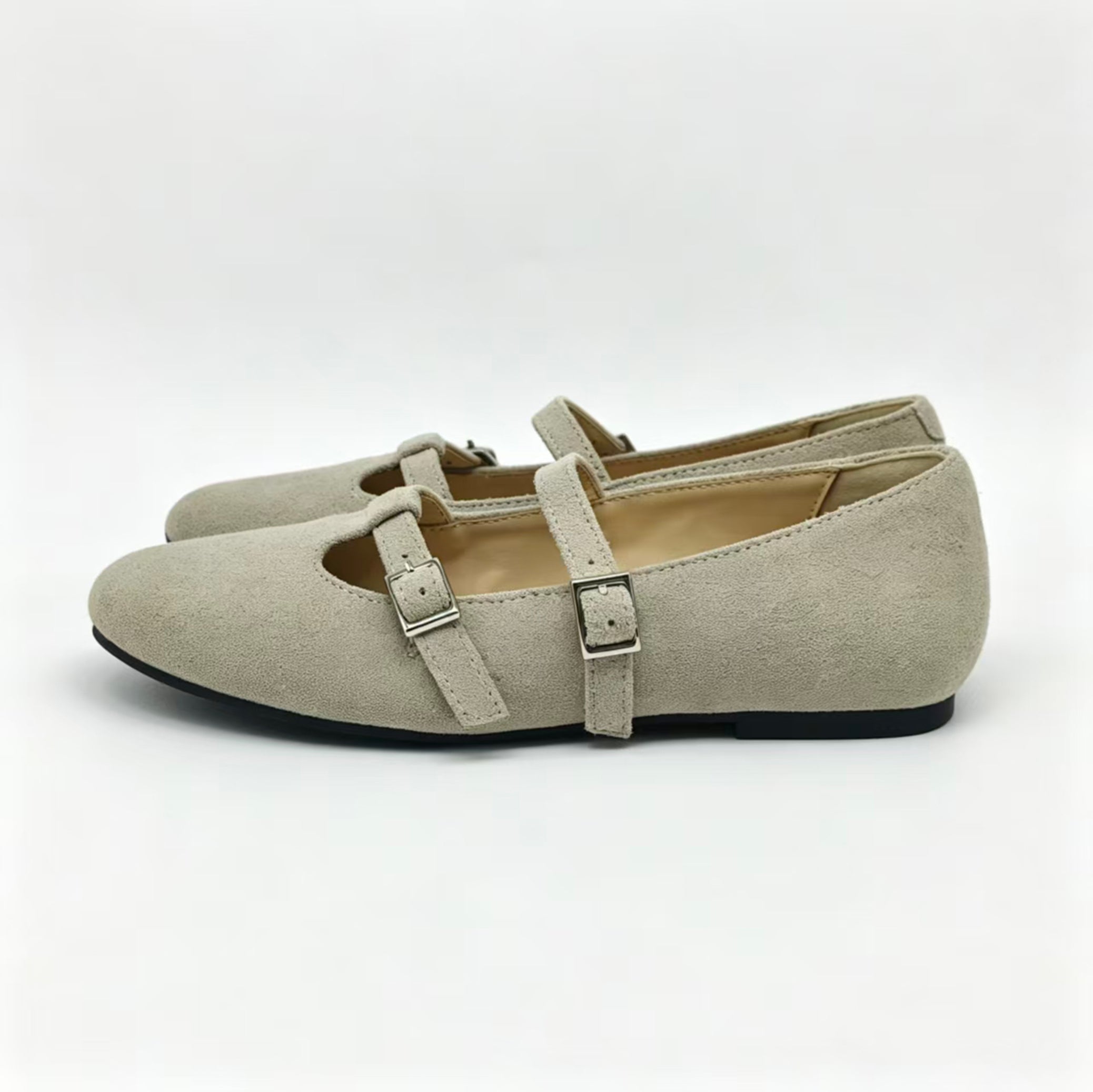 Off White Suede T-Strap, Mary Jane,-SG41